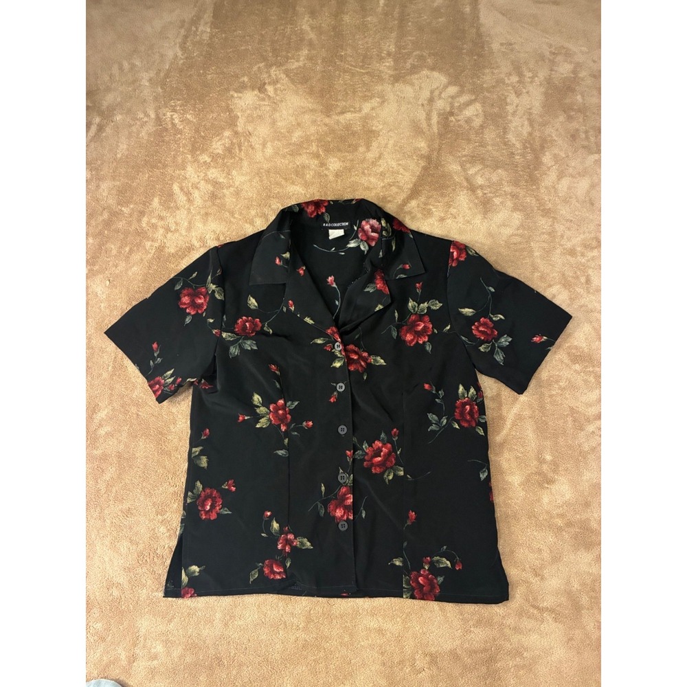 VTG R&D Collection Womens Black Red Rose Floral Button-up Small Camp Collar 90s